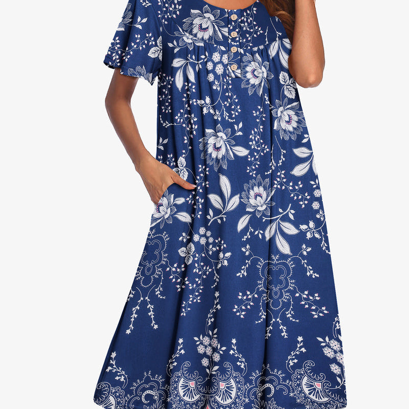 Blue floral short-sleeve dress with button front and gathered yoke