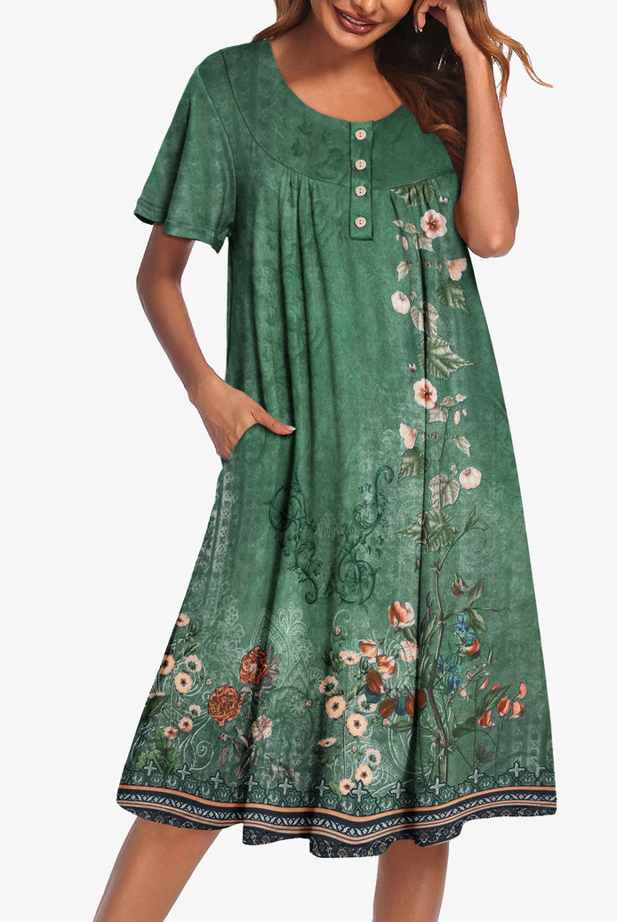 Green floral short-sleeve dress with button front and gathered yoke