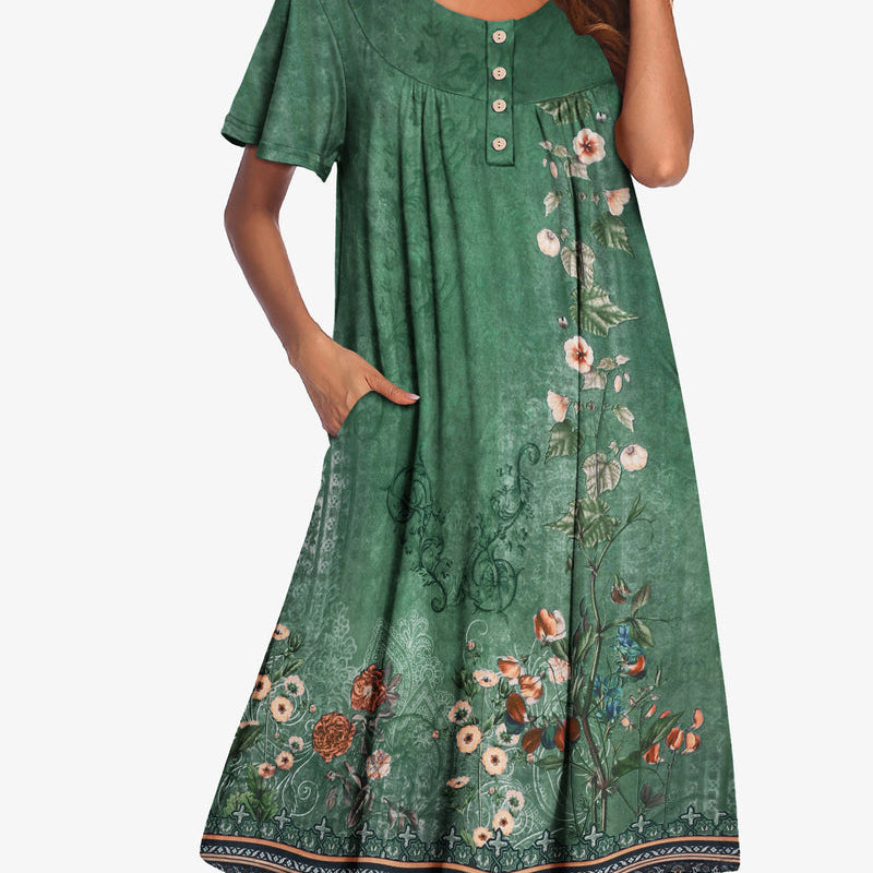 Green floral short-sleeve dress with button front and gathered yoke