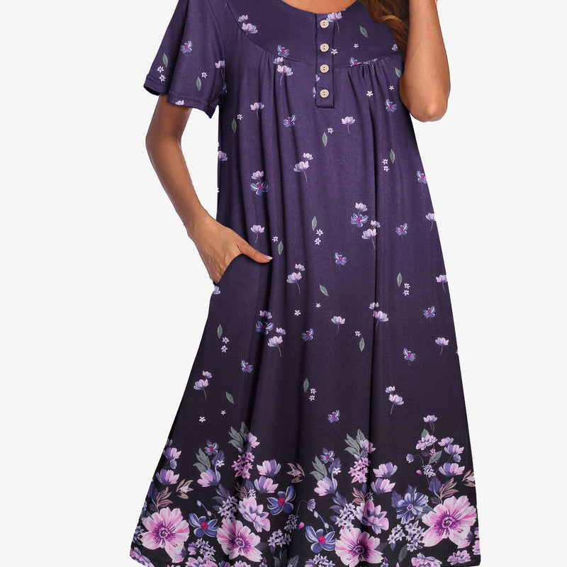 Dark purple floral short-sleeve dress with button front and gathered yoke