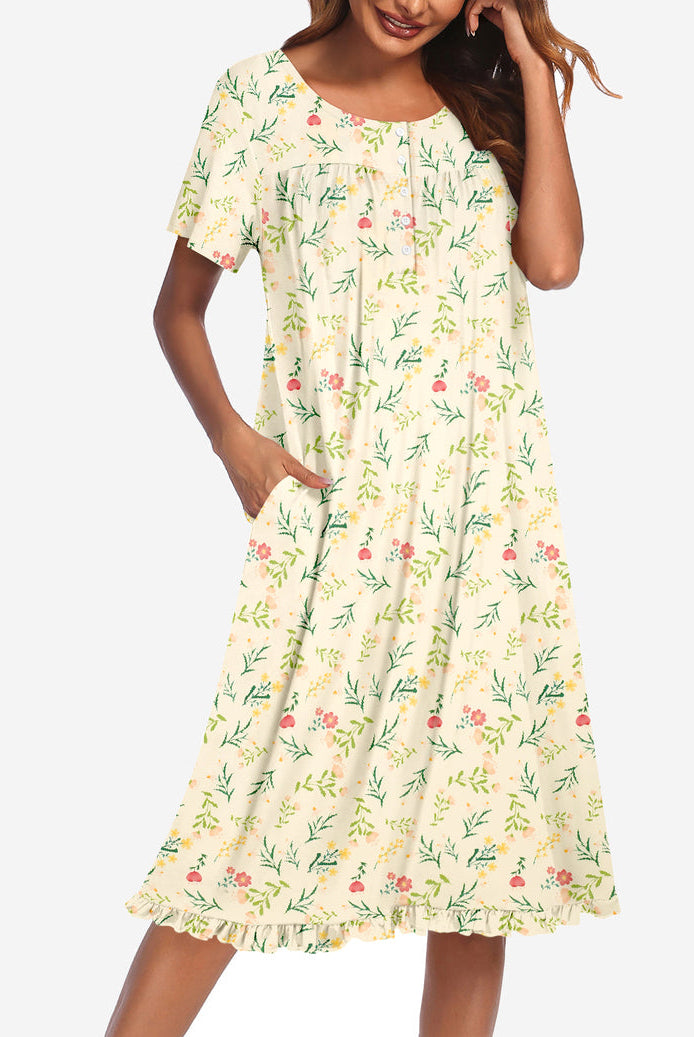 Floral button-front mumu dress, short sleeves, cream with green leaf and red berry print