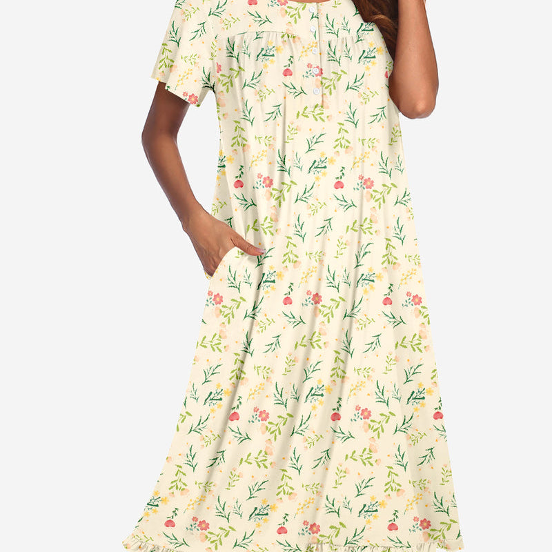 Floral button-front mumu dress, short sleeves, cream with green leaf and red berry print