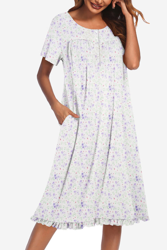 Floral button-front mumu dress, short sleeves, light lilac with tiny scattered floral print
