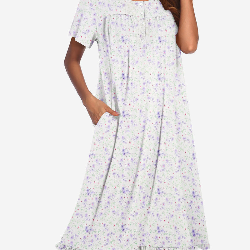 Floral button-front mumu dress, short sleeves, light lilac with tiny scattered floral print