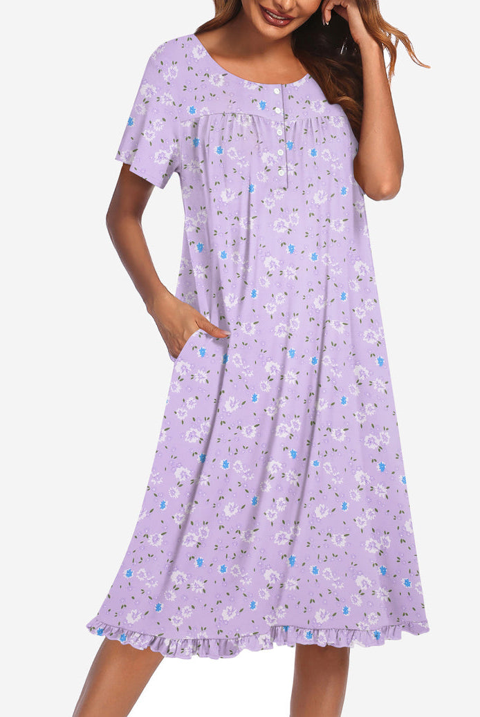 Floral button-front mumu dress, short sleeves, lavender with small blue floral print