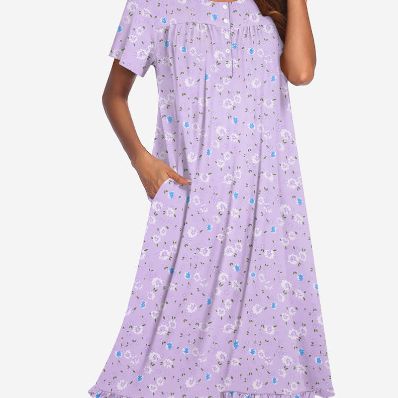 Floral button-front mumu dress, short sleeves, lavender with small blue floral print
