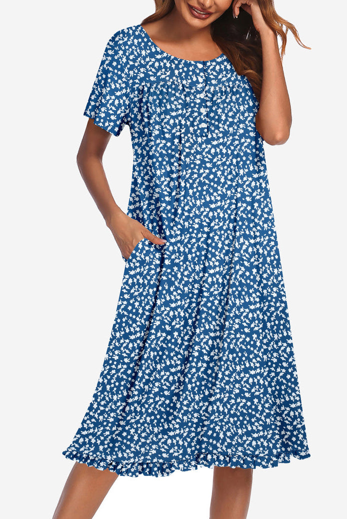 Floral button-front mumu dress, short sleeves, deep blue with white floral micro print