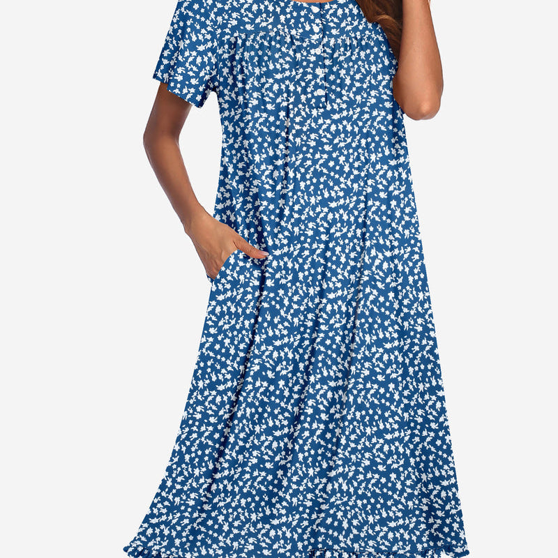 Floral button-front mumu dress, short sleeves, deep blue with white floral micro print