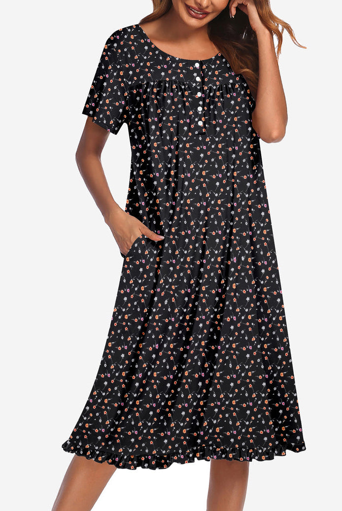 Floral button-front mumu dress, short sleeves, black with tiny multicolor flower print