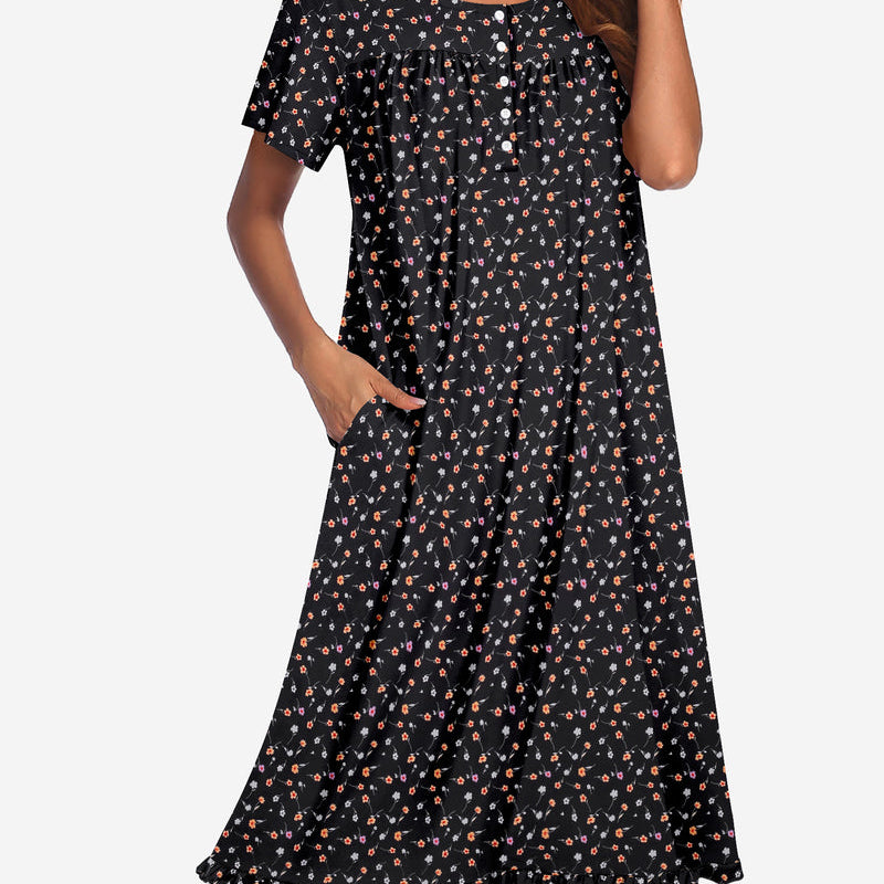 Floral button-front mumu dress, short sleeves, black with tiny multicolor flower print