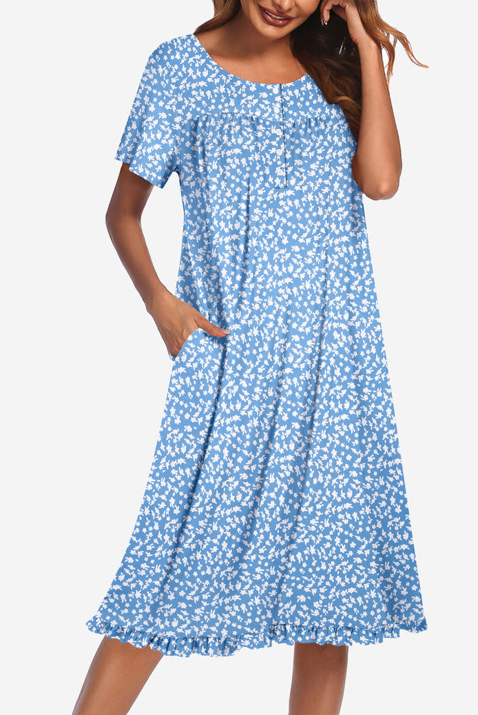 Floral button-front short-sleeve mumu dress in light blue with white daisy print