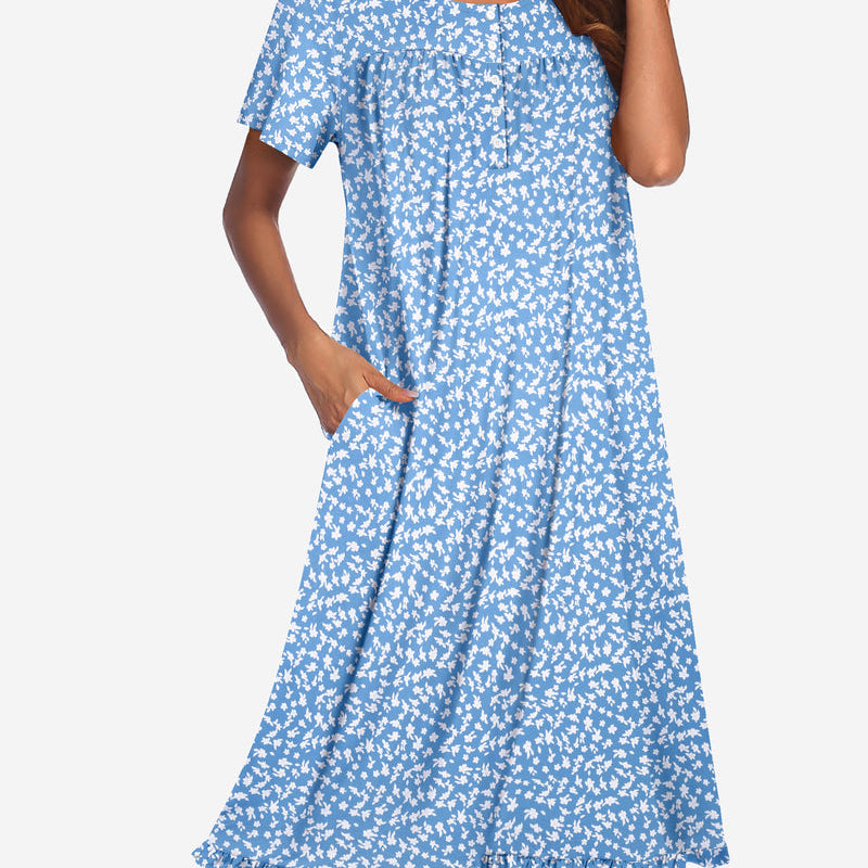 Floral button-front short-sleeve mumu dress in light blue with white daisy print