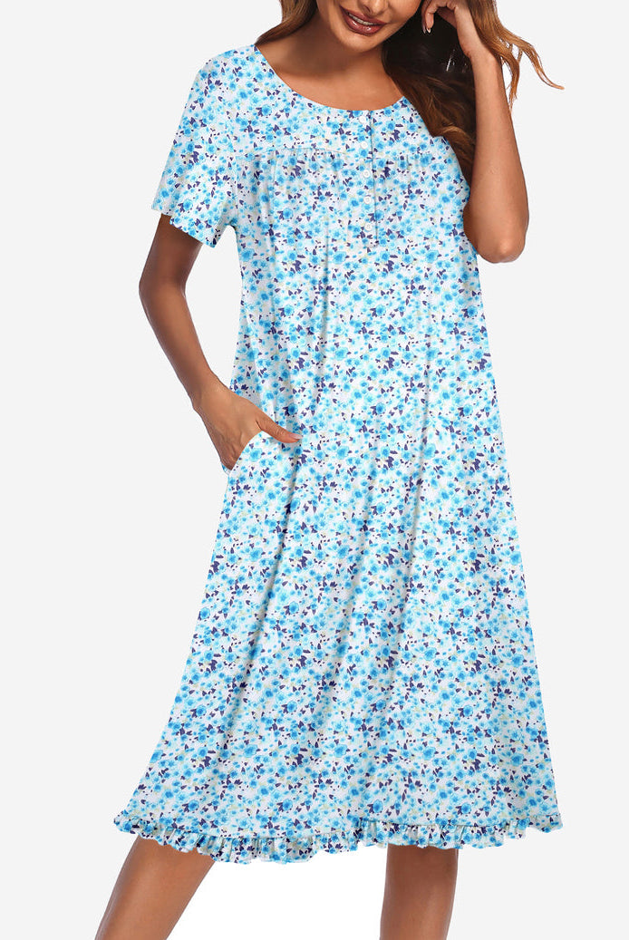 Floral button-front mumu dress, short sleeves, light blue with small multicolor floral print