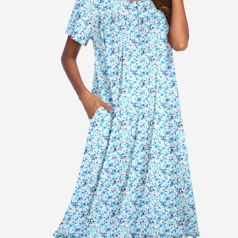 Floral button-front mumu dress, short sleeves, light blue with small multicolor floral print