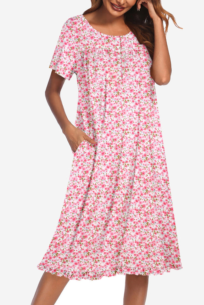 Floral button-front mumu dress, short sleeves, pink with small scattered flower print