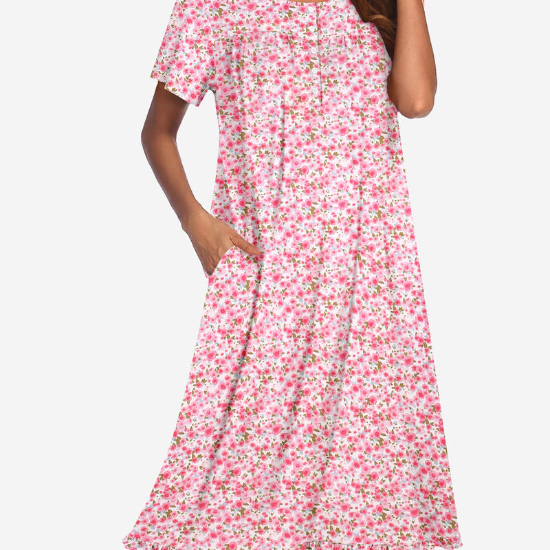 Floral button-front mumu dress, short sleeves, pink with small scattered flower print