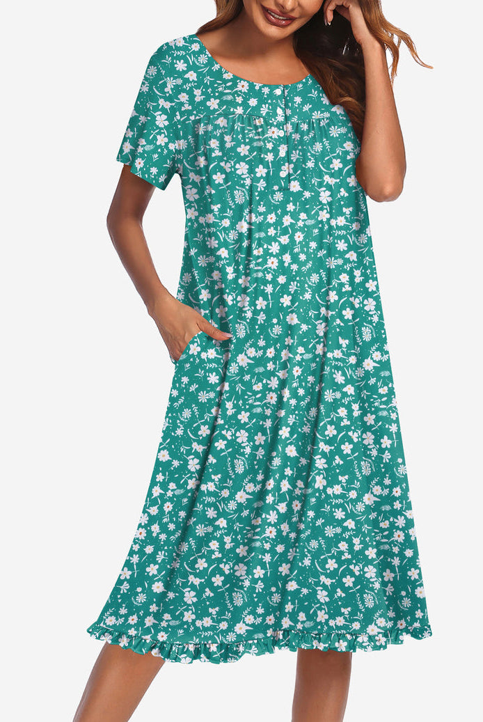 Floral button-front short-sleeve mumu dress in green with white/pink daisy print