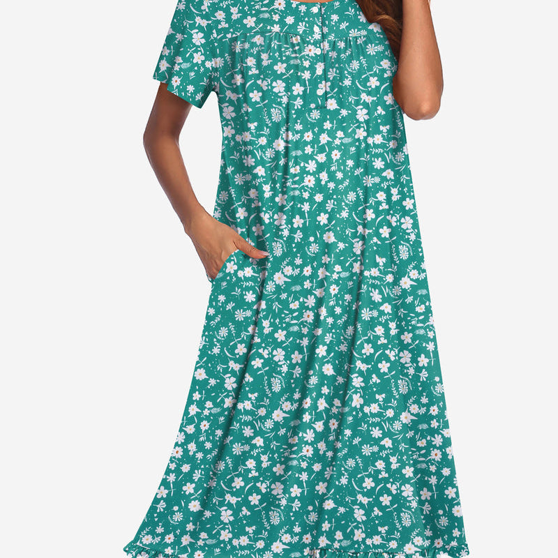 Floral button-front short-sleeve mumu dress in green with white/pink daisy print