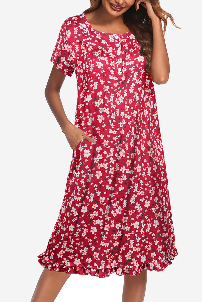 Floral button-front short-sleeve mumu dress, red with white flowers, scoop neck