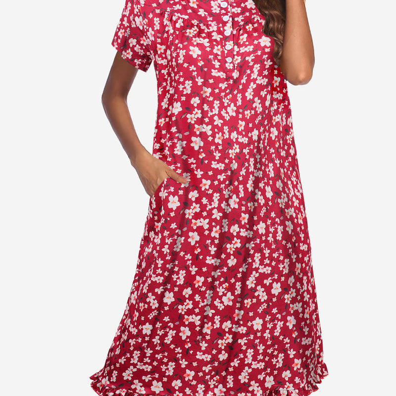 Floral button-front short-sleeve mumu dress, red with white flowers, scoop neck