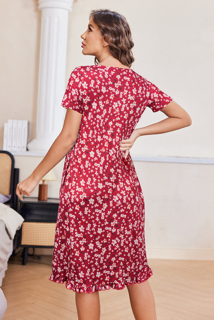 Floral button-front short-sleeve mumu dress, red with white floral print, back view