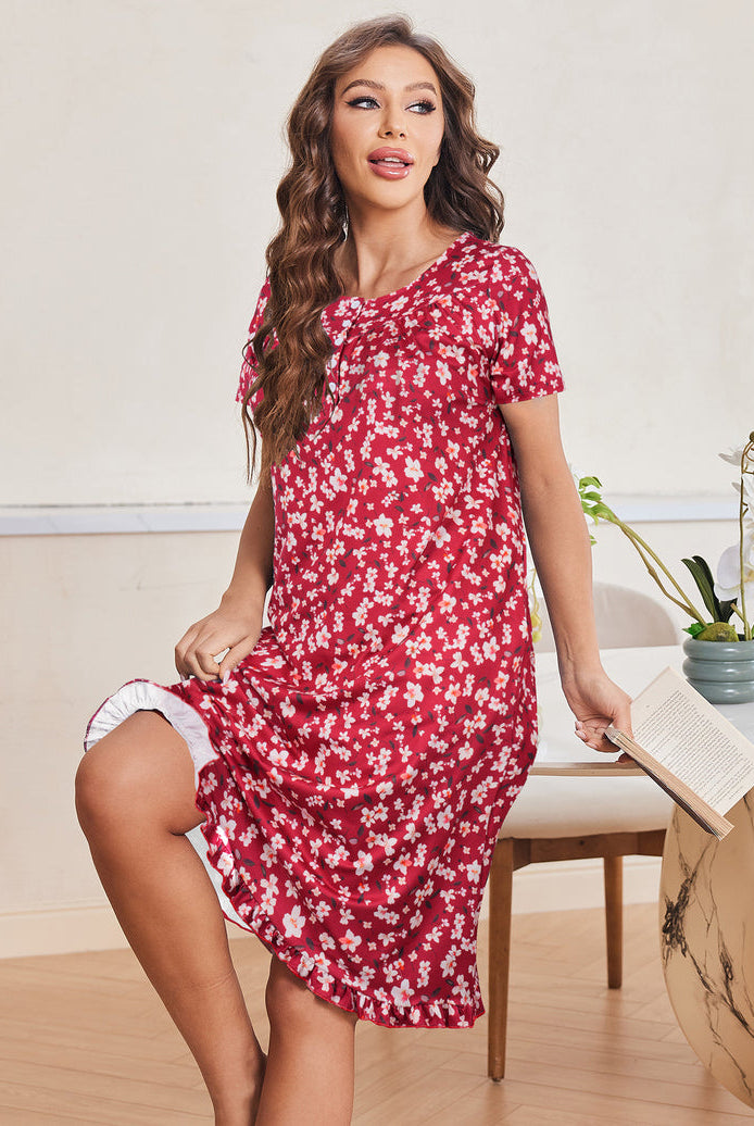Floral button-front short-sleeve mumu dress, red with white flowers, gathered hem