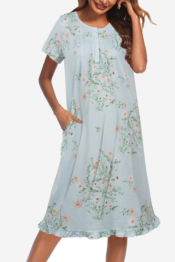 Floral button-front short-sleeve mumu dress, light blue with green floral print