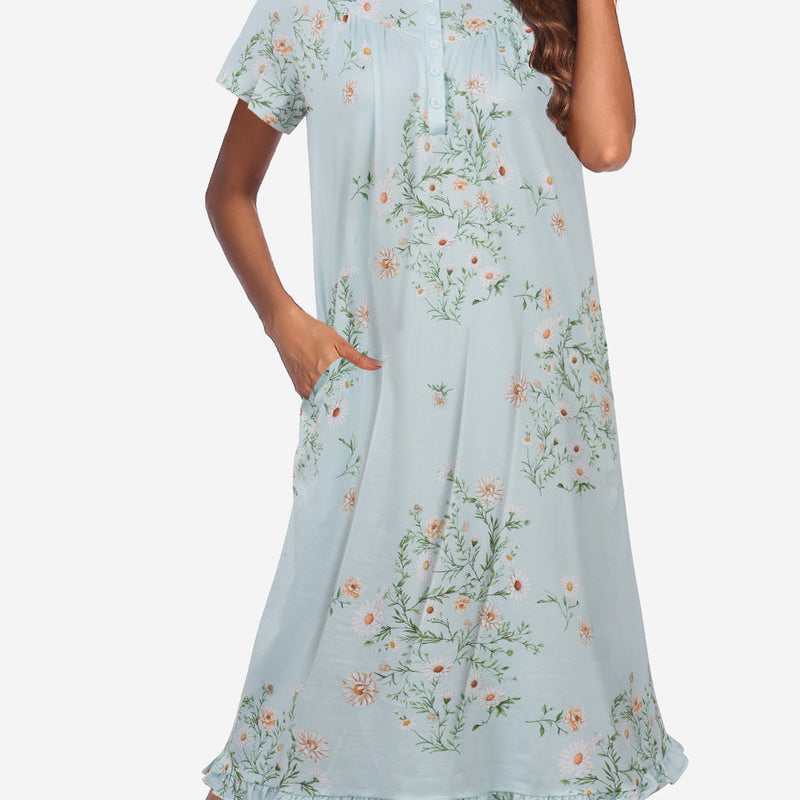 Floral button-front short-sleeve mumu dress, light blue with green floral print