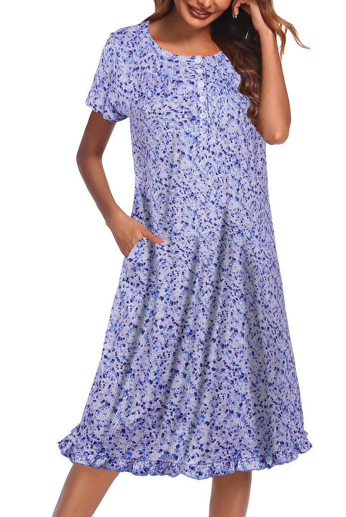 Floral button-front short-sleeve mumu dress, purple print, button detail at front