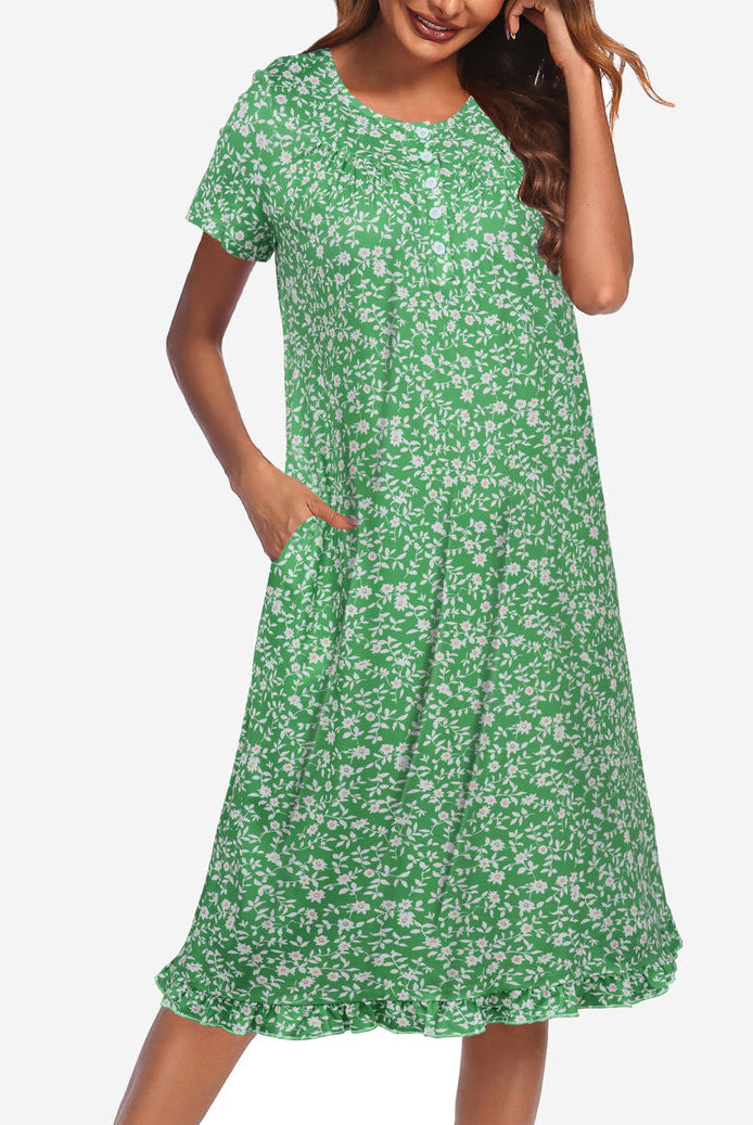 Floral button-front short-sleeve mumu dress, green with white flower print, midi