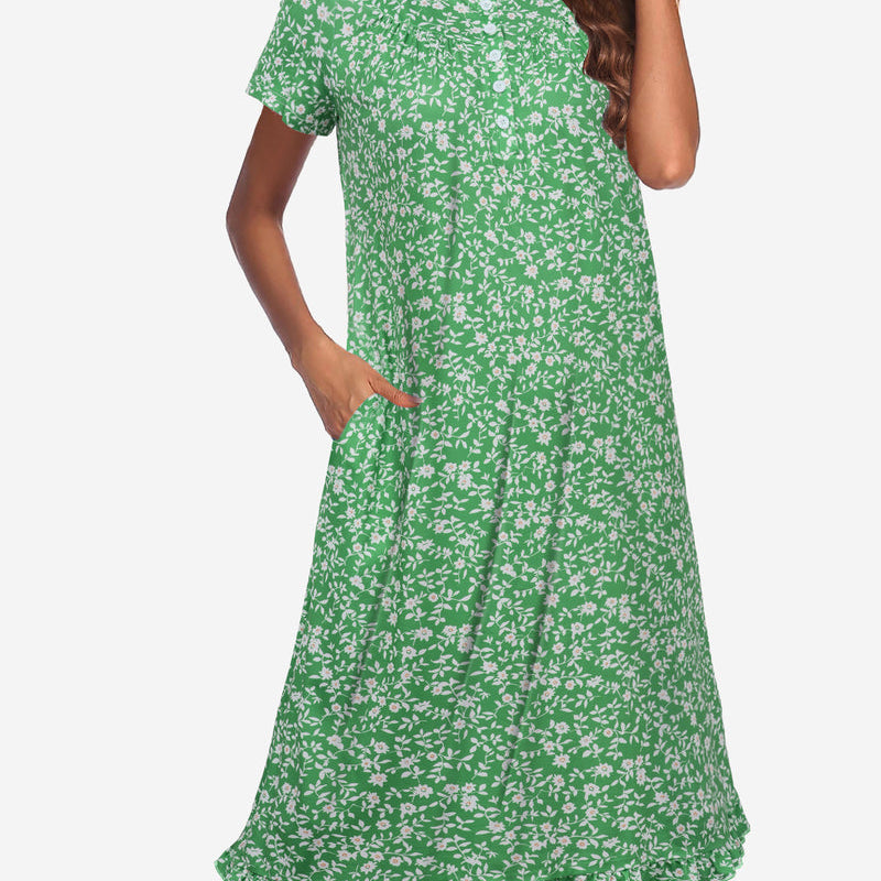Floral button-front short-sleeve mumu dress, green with white flower print, midi