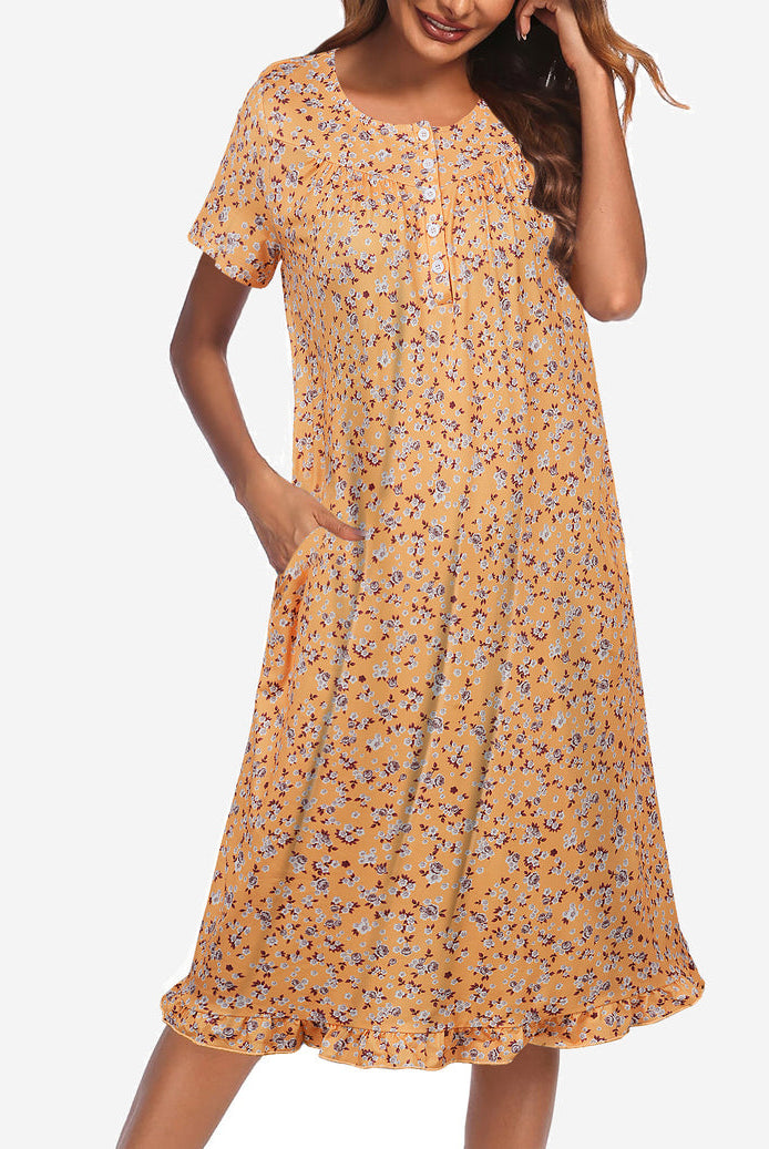 Floral button-front mumu dress, short sleeves, orange with small blue print, gathered hem