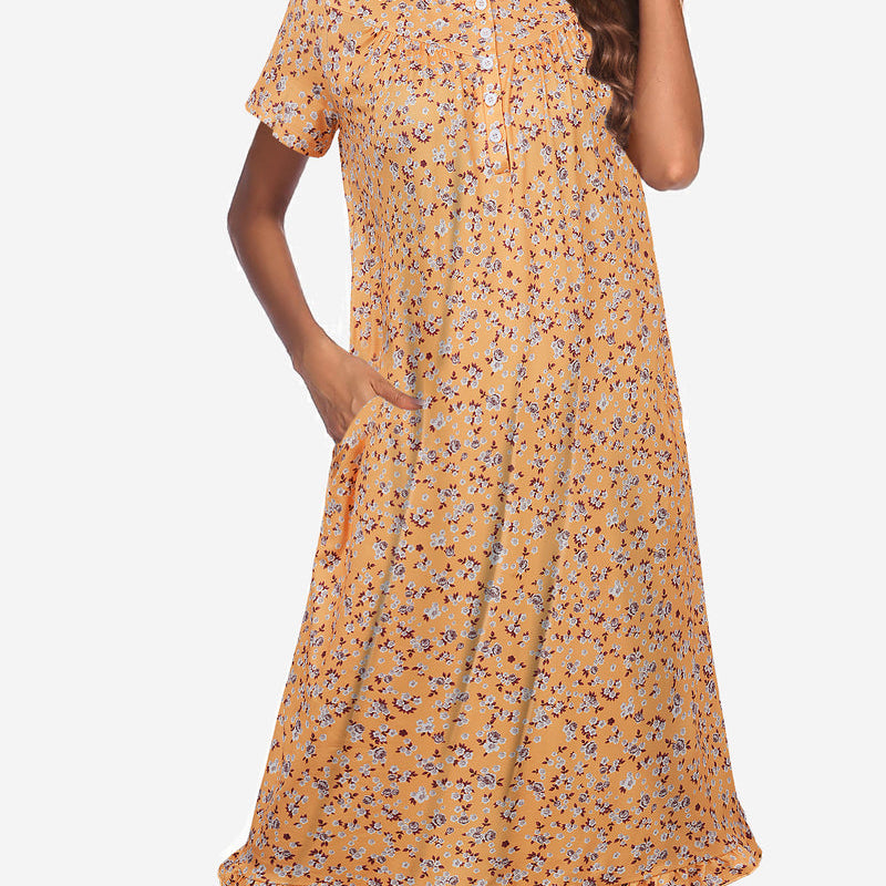 Floral button-front mumu dress, short sleeves, orange with small blue print, gathered hem