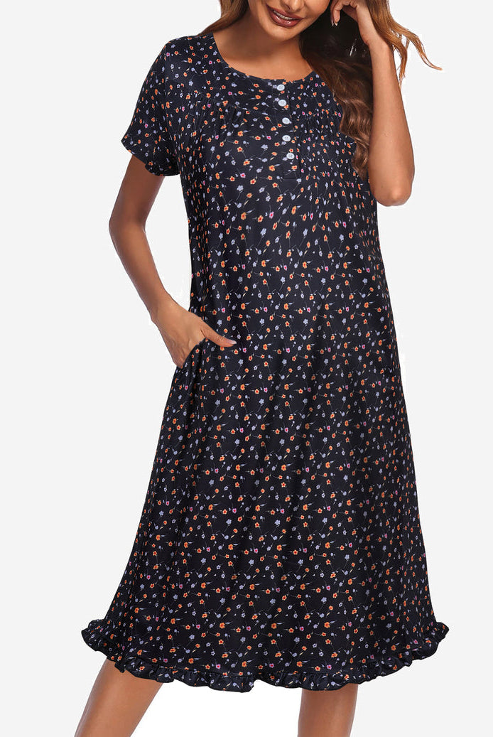 Floral button-front mumu dress, short sleeves, dark navy with small multicolor print