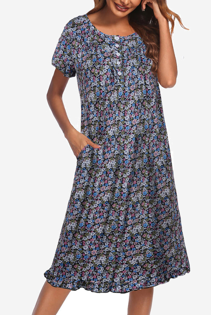 Floral button-front mumu dress, short sleeves, blue with dense multicolor flower print