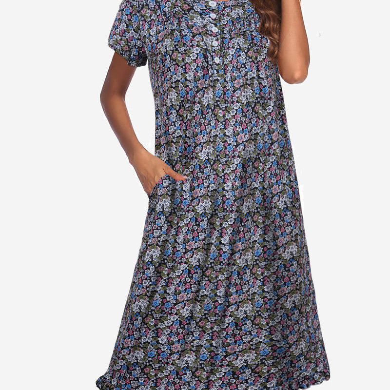 Floral button-front mumu dress, short sleeves, blue with dense multicolor flower print