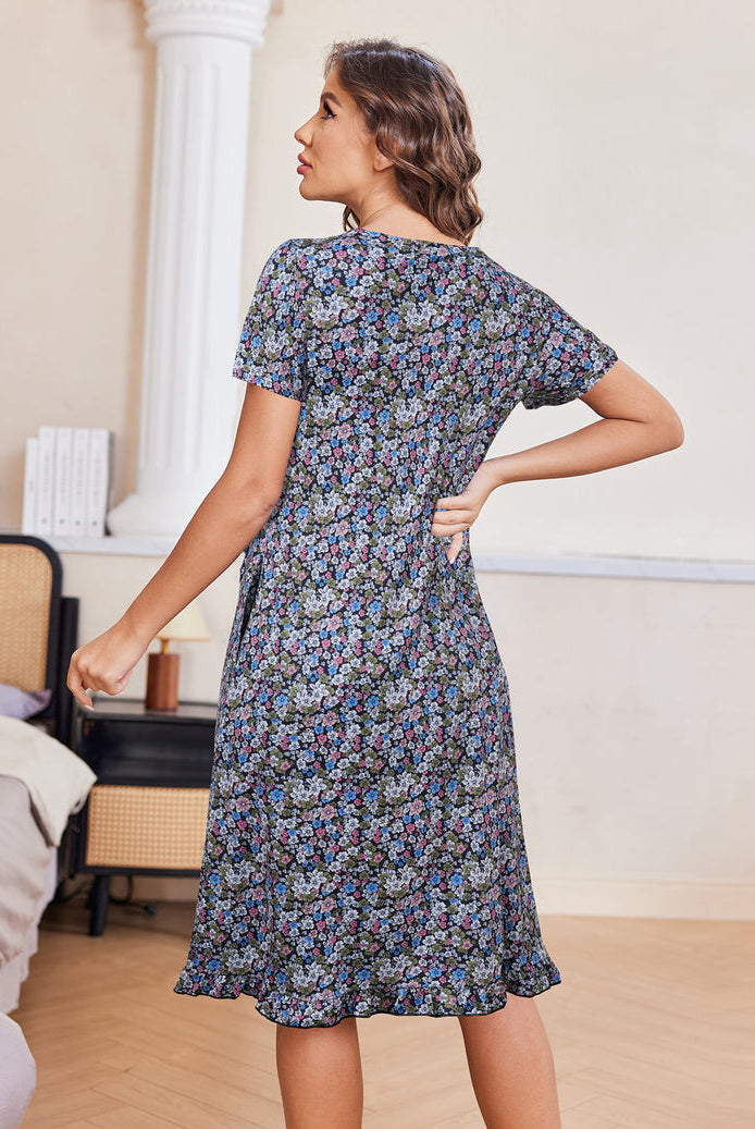Floral button-front short-sleeve mumu dress, blue print, A-line silhouette