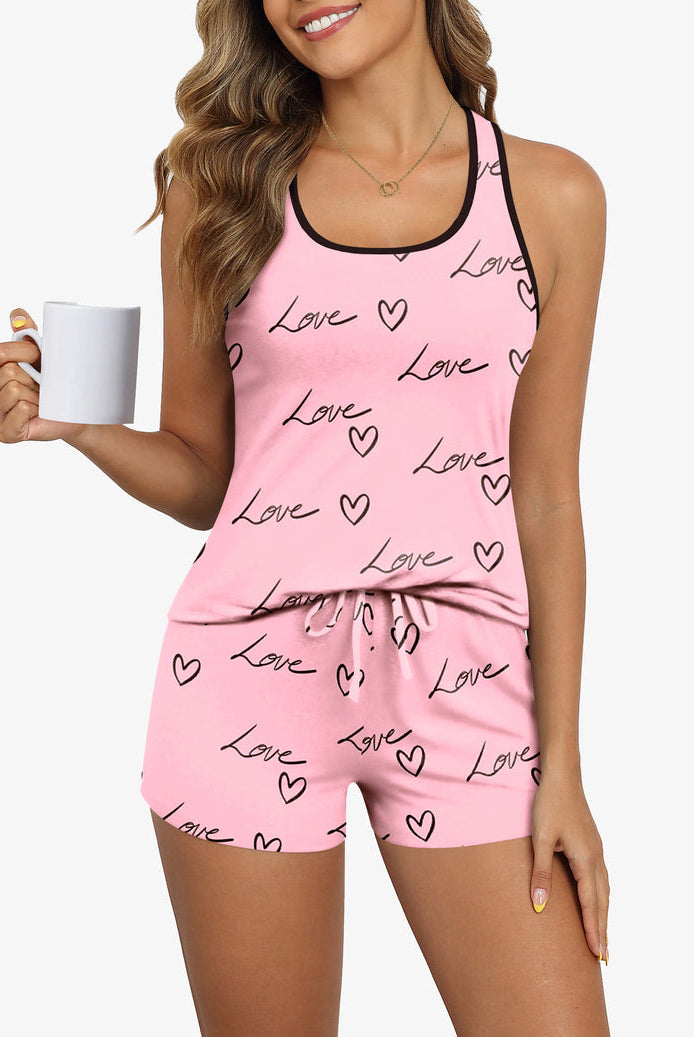 Pink pajama cami and shorts set with Love heart pattern, sleeveless top