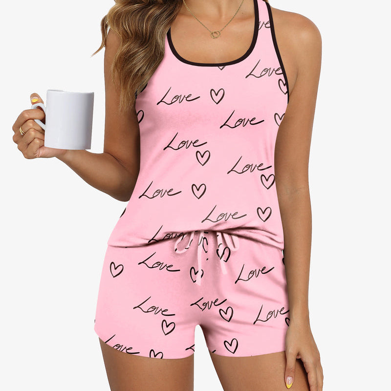 Pink pajama cami and shorts set with Love heart pattern, sleeveless top