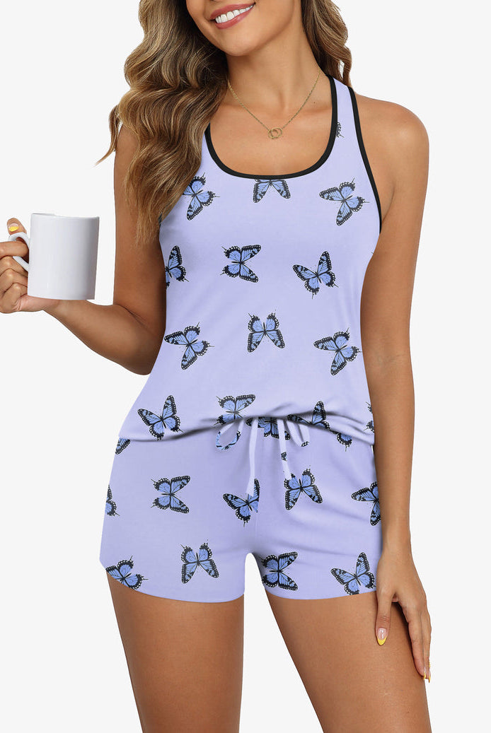 Light blue pajama cami and shorts set with butterfly print (front view)