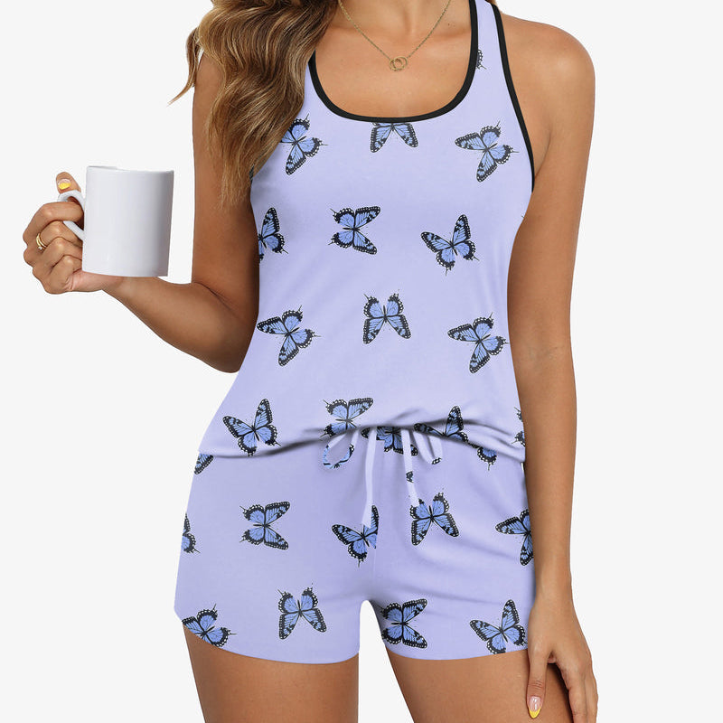 Light blue pajama cami and shorts set with butterfly print (front view)