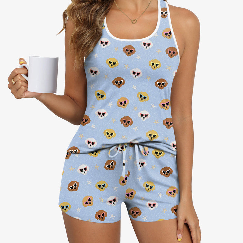 Light blue pajama cami and shorts set with cartoon face print, sleeveless top