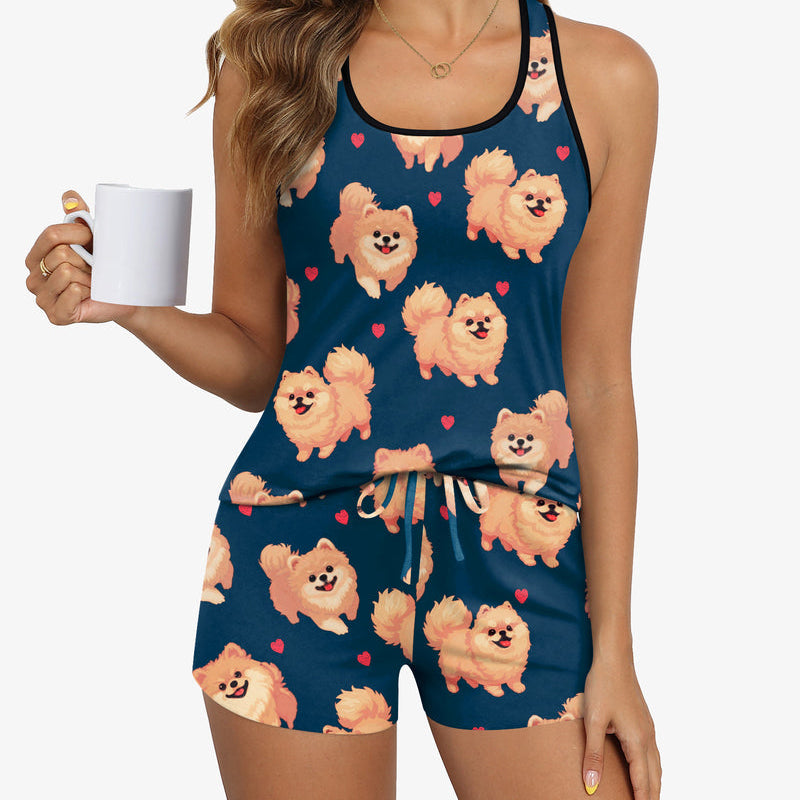 Navy blue pajama cami and shorts set with dog faces print (front view)