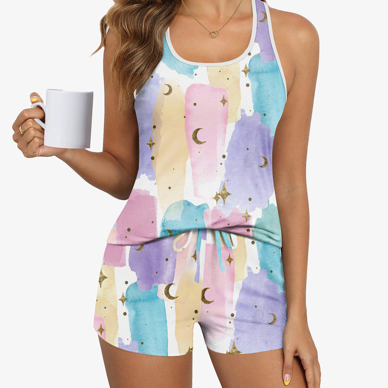 Women’s pajama set with watercolor moon-and-star print cami and matching drawstring shorts