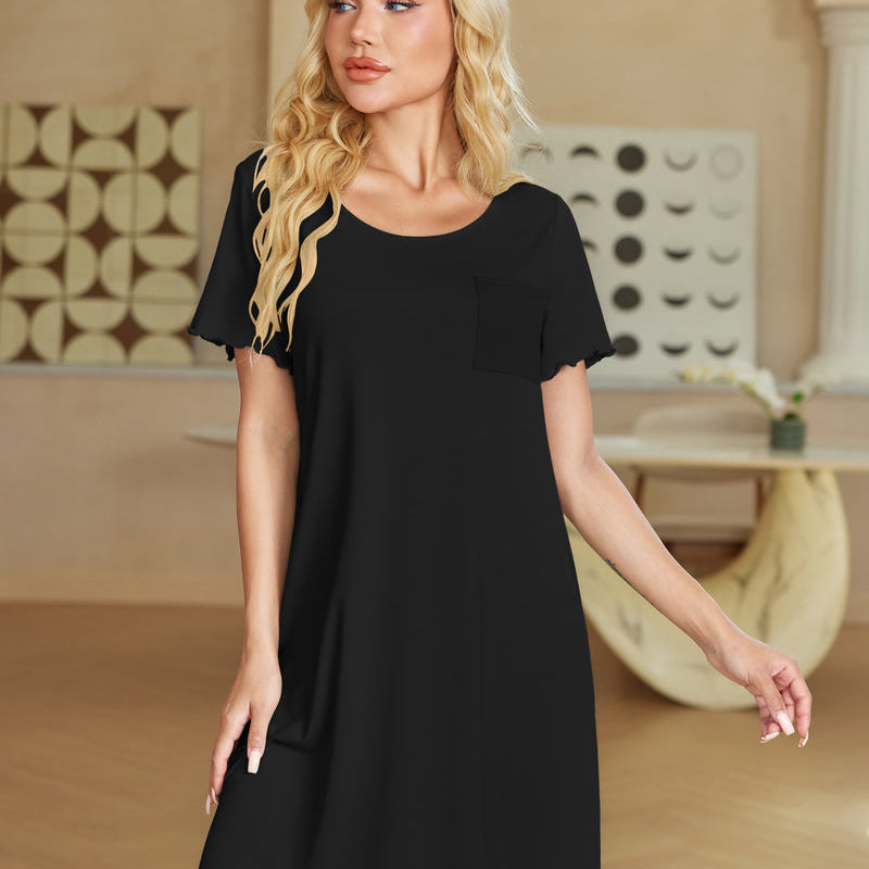 Ekouaer bamboo viscose nightgown, black short sleeves with scalloped hem and chest pocket