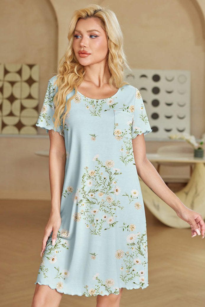 Light blue short sleeve ruffle nightgown with floral print and chest pocket.