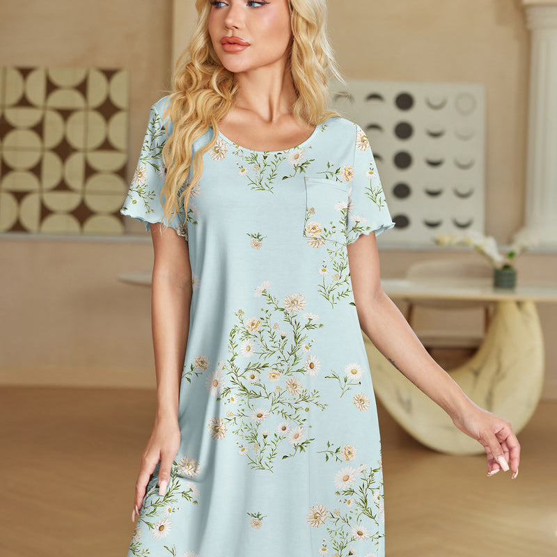 Light blue short sleeve ruffle nightgown with floral print and chest pocket.