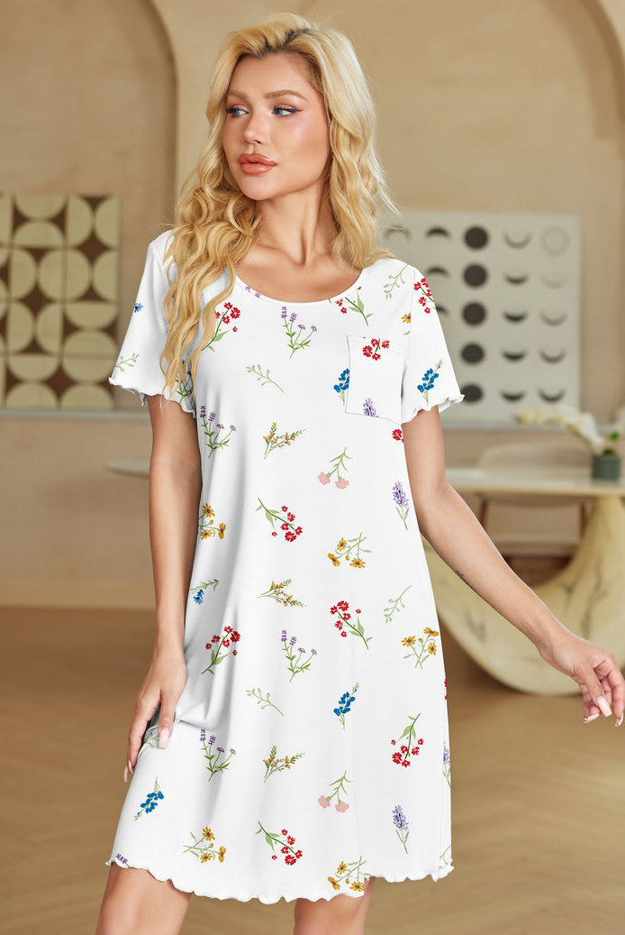 White short sleeve ruffle nightgown with floral print and chest pocket.