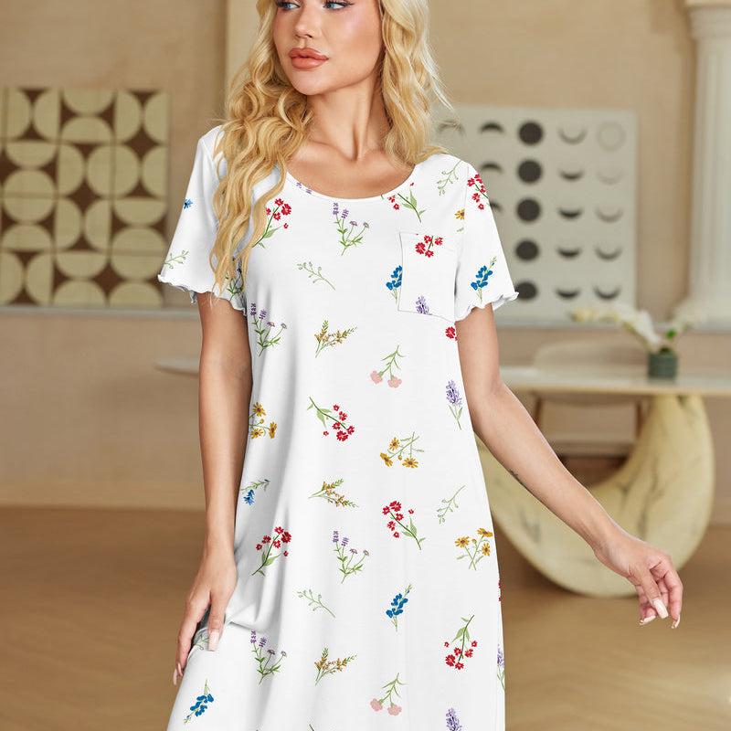 White short sleeve ruffle nightgown with floral print and chest pocket.