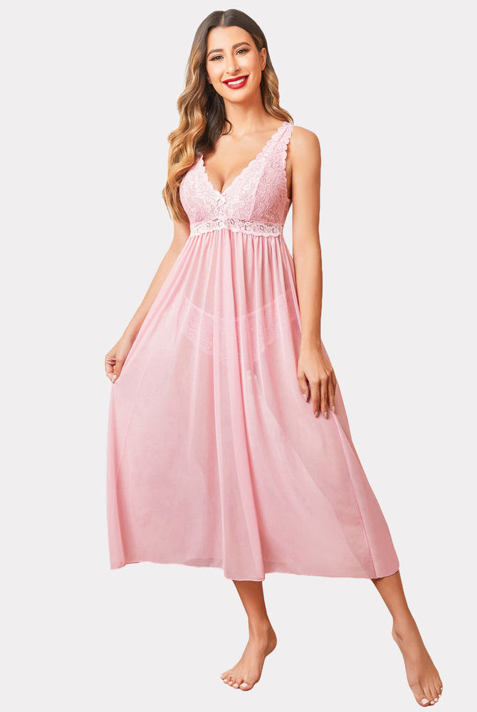Pink lace mesh V-neck chemise babydoll lingerie, sexy nightwear for women